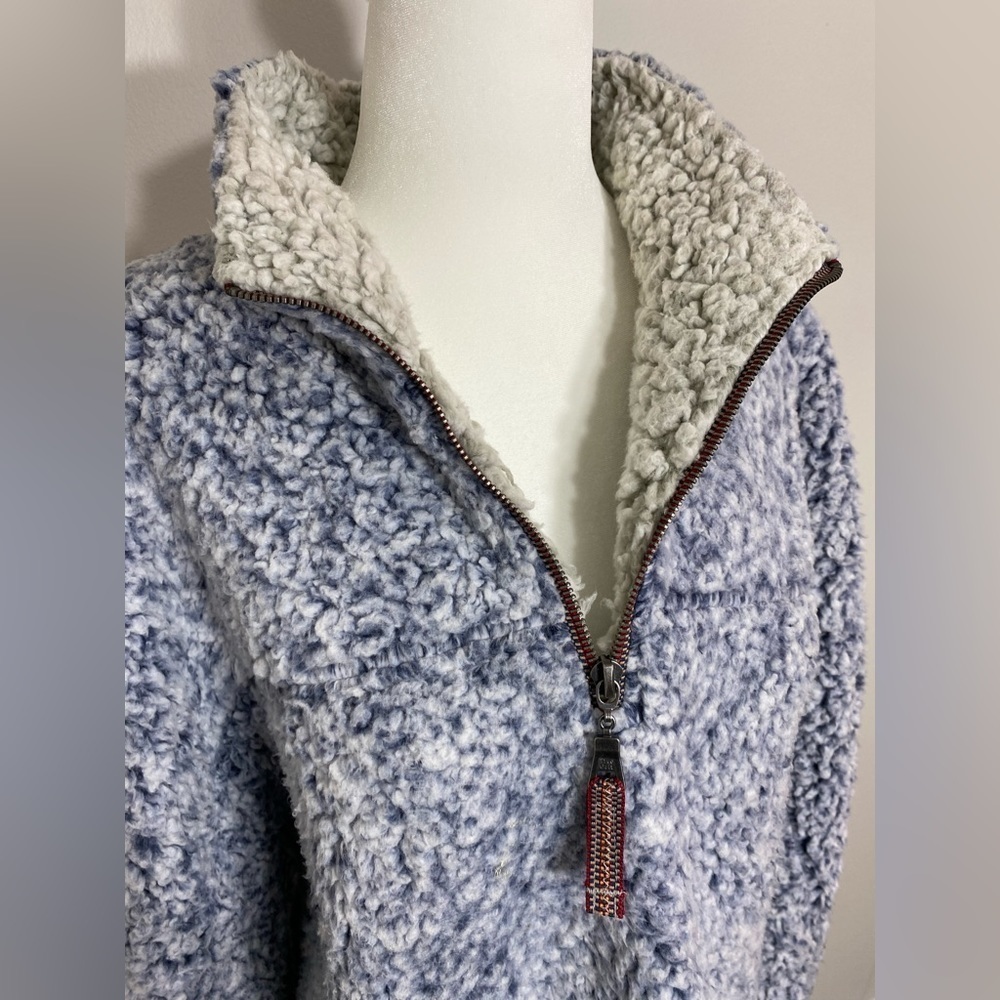 Large True Grit Blue Gray Sherpa Fleece Pullover Jacket w/ Small Side Slits - Picture 5 of 7